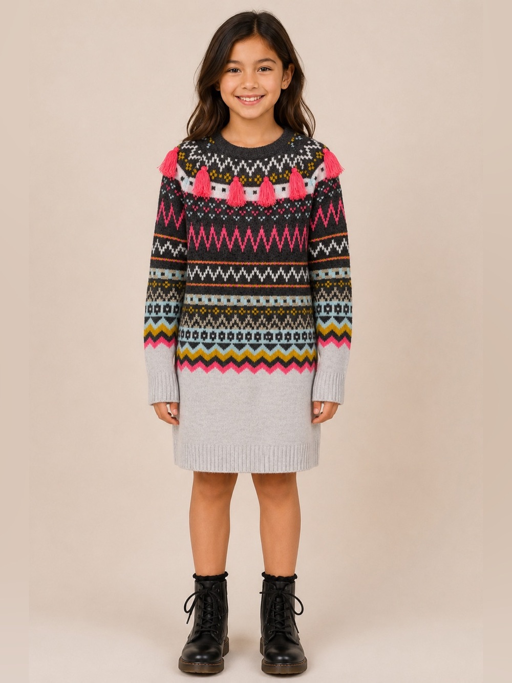Cat & Jack Girls 7/8 Fair Isle Tassel Sweater Dress Cozycore